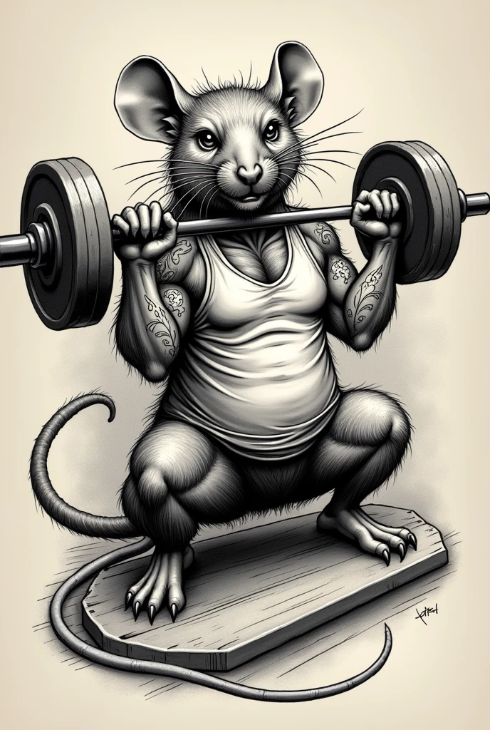 Rato estilo old school tattoo, sketch tattoo doing bench press