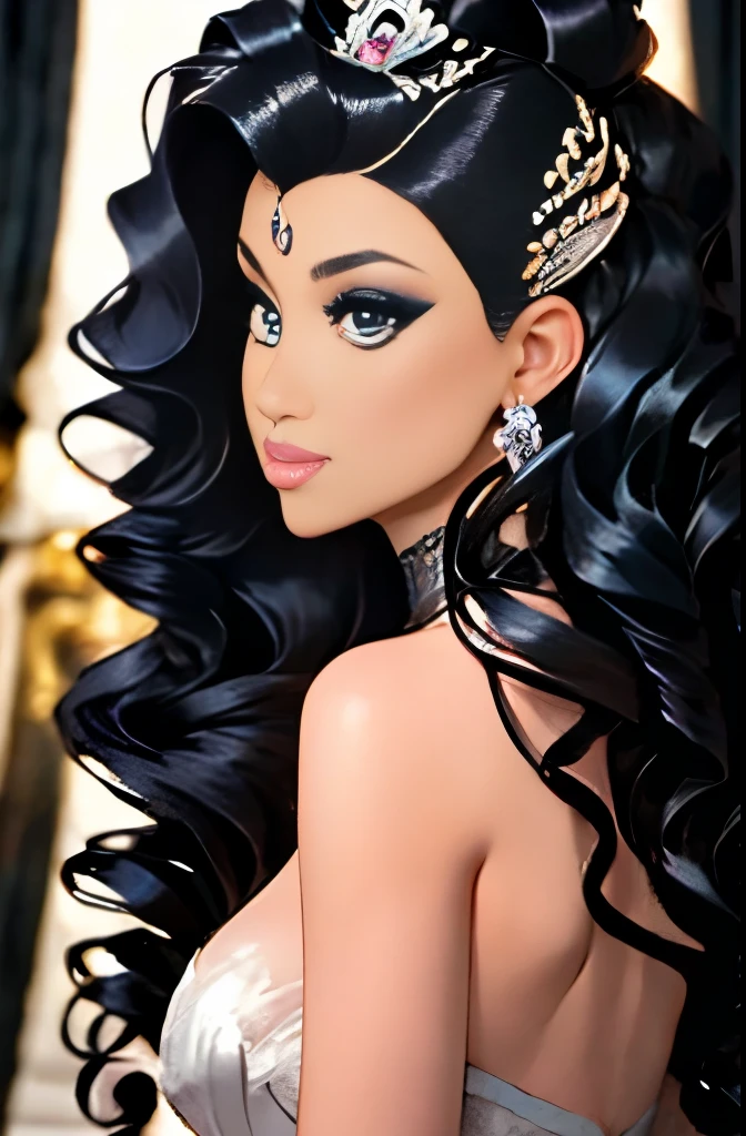 araffe woman in a silver dress looking at a mirror, glamor hairstyle, big hair, intricate hairstyle, imperial and elegant hair style, elaborate hair worn up, glamorous hairstyle, intricate hair, baroque curls, elaborate long hairstyle, beautiful futuristic hair style, insanely nice hair style, elaborate long black hairstyle, elaborate hair, futuristic hairstyle, black elegant hair, complex design hair