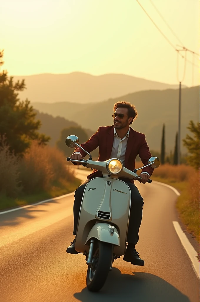 a man riding a vespa motorbike, afternoon sunlight, cinematic masterpiece, rich warm tones, dynamic pose, sense of freedom, slight motion blur, nostalgic mood, calm sky, long shadows, winding road, Italian countryside, highly detailed, golden hour lighting , realistic textures, intricate details, expressions of enjoyment, beautiful views, 4K, highly detailed, high resolution, photorealistic.