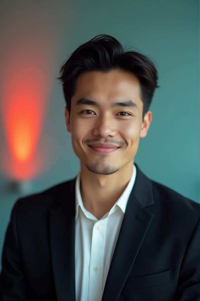 A young Man With Dark hair and a confident smile He is Dressed in a black blazer over a white shirt The man is positioned against aqua colour backdrop with a subtle red lighting on the left side and he posing for Linkedin profile