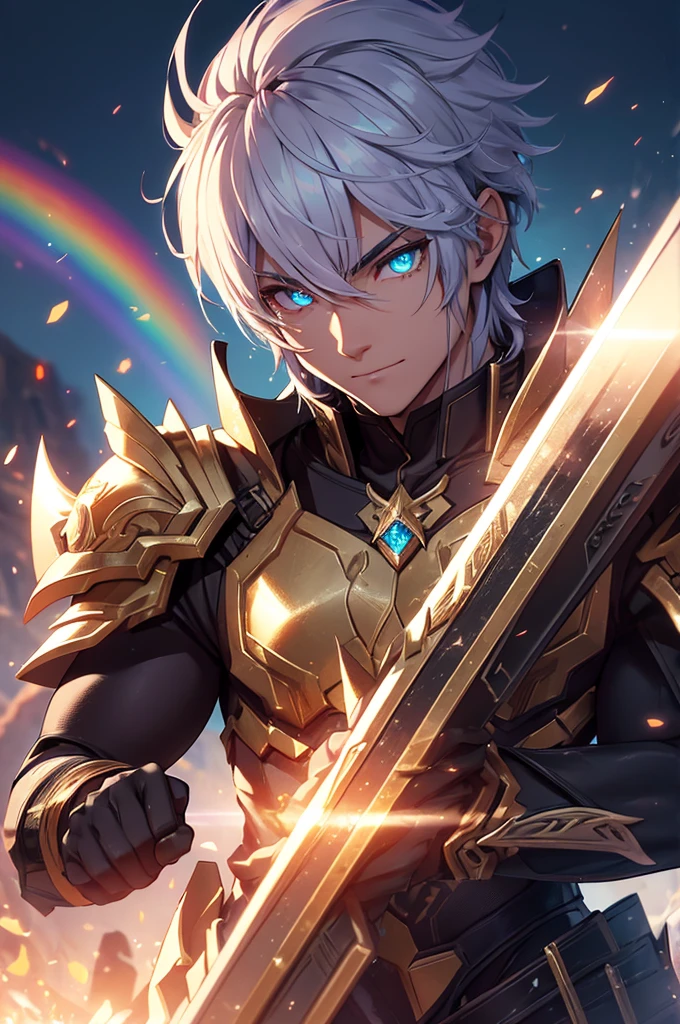 a male warrior with glowing eyes, large weapon, tall stature, muscular physique, asymmetrical bangs, visible abs, rainbow-colored hair, laughing、wearing complex armor, surrounded by twilight, diamond shards, black particles, cinematic lighting, ray tracing, shading, eternal aura-like quality, masterpiece, highest quality, extremely detailed, sharp focus, extremely detailed face, extremely detailed eyes, sparkling eyes:1.2, long eyelashes