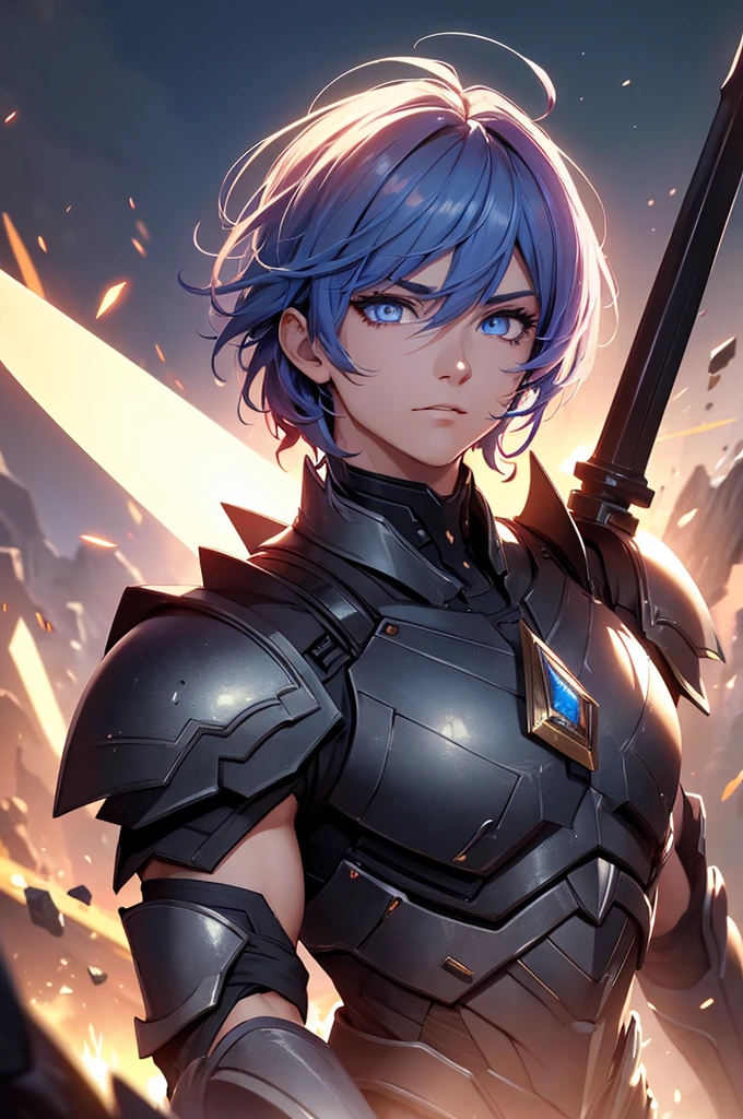 a male warrior with glowing eyes, large weapon, tall stature, muscular physique, asymmetrical bangs, visible abs, rainbow-colored hair, laughing、wearing complex armor, surrounded by twilight, diamond shards, black particles, cinematic lighting, ray tracing, shading, eternal aura-like quality, masterpiece, highest quality, extremely detailed, sharp focus, extremely detailed face, extremely detailed eyes, sparkling eyes:1.2, long eyelashes