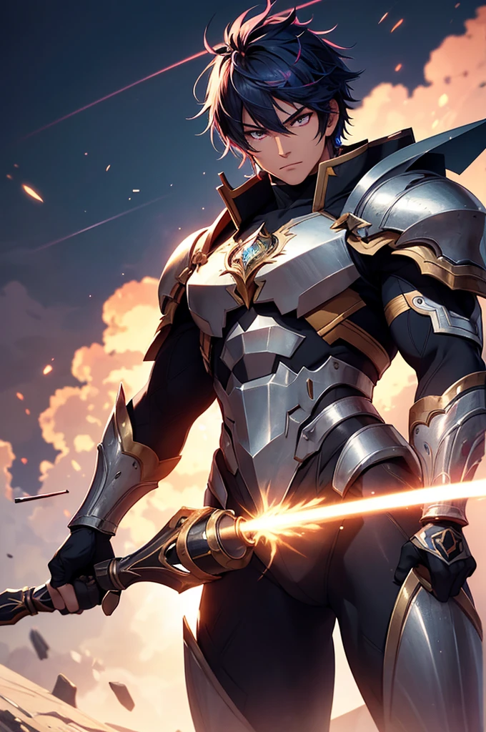 a male warrior with glowing eyes, large weapon, tall stature, muscular physique, asymmetrical bangs, visible abs, rainbow-colored hair, laughing、wearing complex armor, surrounded by twilight, diamond shards, black particles, cinematic lighting, ray tracing, shading, eternal aura-like quality, masterpiece, highest quality, extremely detailed, sharp focus, extremely detailed face, extremely detailed eyes, sparkling eyes:1.2, long eyelashes