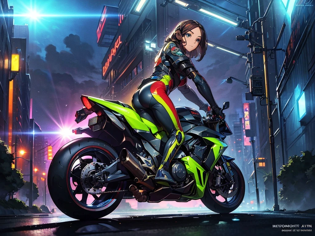 (masterpiece), Highest quality, Fantasy art, One person, (alone:1.5), riding on a cyberpunk style motorcycle, motorcycle, Ground vehicles, car, Cyber City background, Speed Line, Bright colors,spark,(Racing Suits),(Racing Gloves),((Remember)),((Butt)),(Sweat),(hand,detailed,perfection,perfectionion,hands