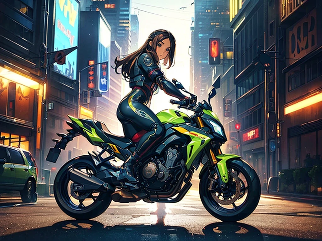 (masterpiece), Highest quality, Fantasy art, One person, (alone:1.5), riding on a cyberpunk style motorcycle, motorcycle, Ground vehicles, car, Cyber City background, Speed Line, Bright colors,spark,(Racing Suits),(Racing Gloves),((Remember)),((Butt)),(Sweat),(hand,detailed,perfection,perfectionion,hands