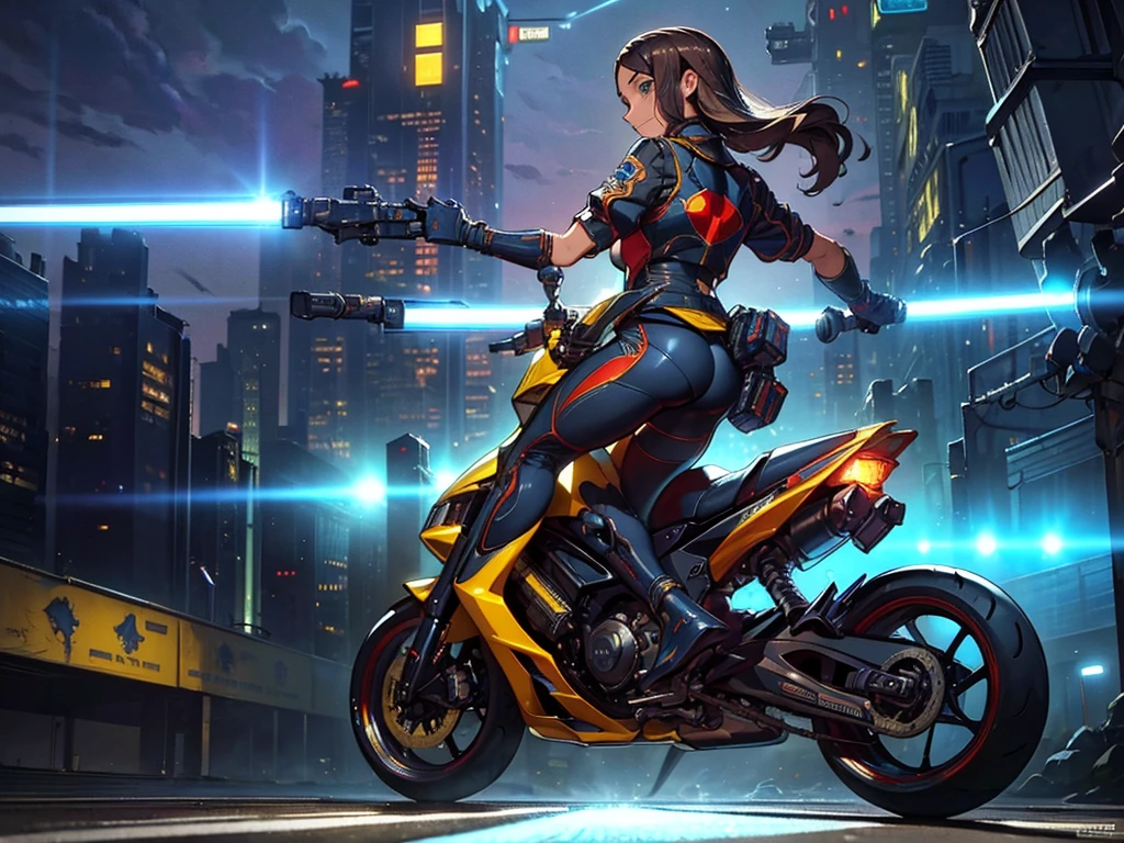 (masterpiece), Highest quality, Fantasy art, One person, (alone:1.5), riding on a cyberpunk style motorcycle, motorcycle, Ground vehicles, car, Cyber City background, Speed Line, Bright colors,spark,(Racing Suits),(Racing Gloves),((Remember)),((Butt)),(Sweat),(hand,detailed,perfection,perfectionion,hands
