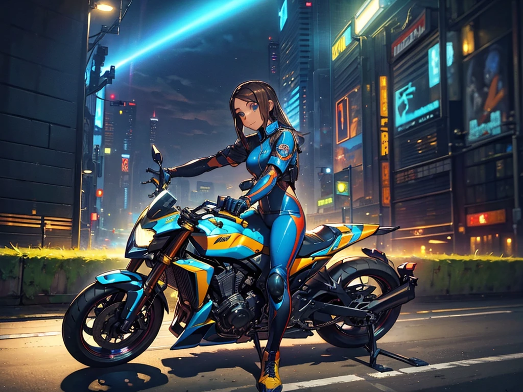 (masterpiece), Highest quality, Fantasy art, One person, (alone:1.5), riding on a cyberpunk style motorcycle, motorcycle, Ground vehicles, car, Cyber City background, Speed Line, Bright colors,spark,(Racing Suits),(Racing Gloves),((Remember)),((Butt)),(Sweat),(hand,detailed,perfection,perfectionion,hands