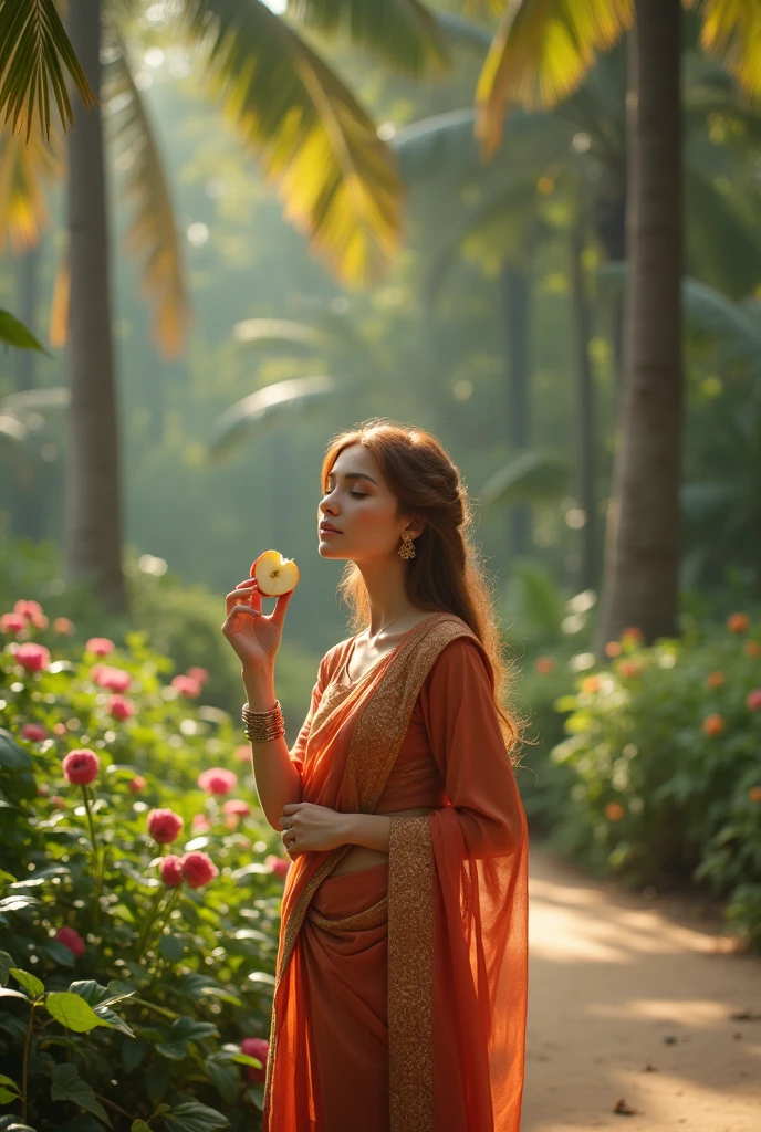 The Russian girl in the Indian park an apple eat