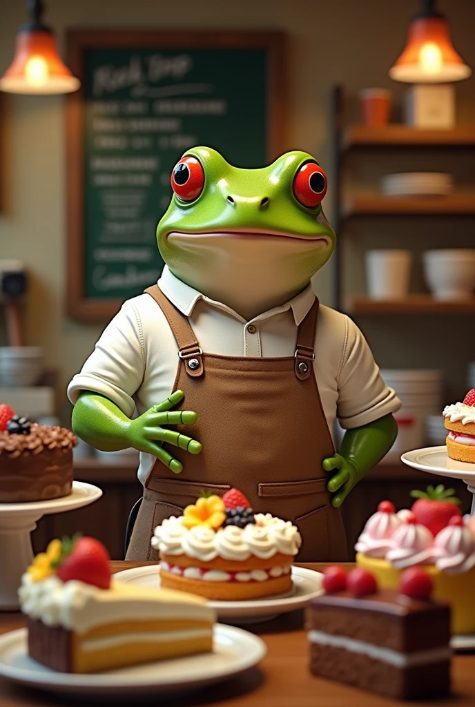 Retro Images,Storytelling,Tree frog,Ultra-realistic,high resolution,The frog is a cake shop owner,There are a lot of cakes in the showcase