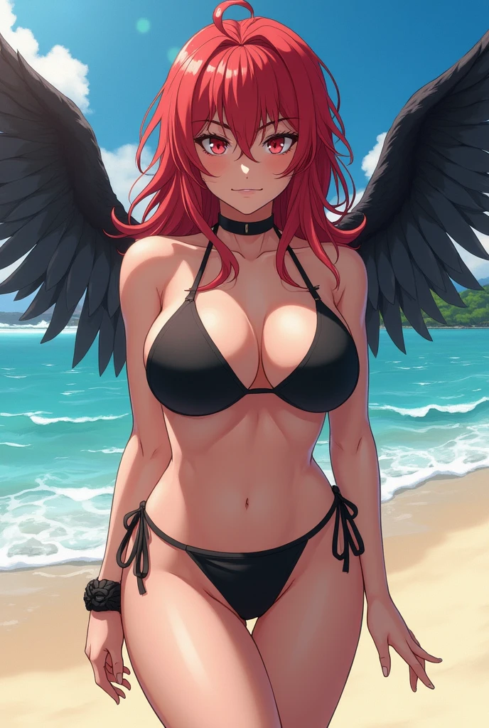 Nobara Kugisaki&#39;s Jujutsu Kaisen with biquini color black super chic, big breasts, a background on the beach and winged is itadori 