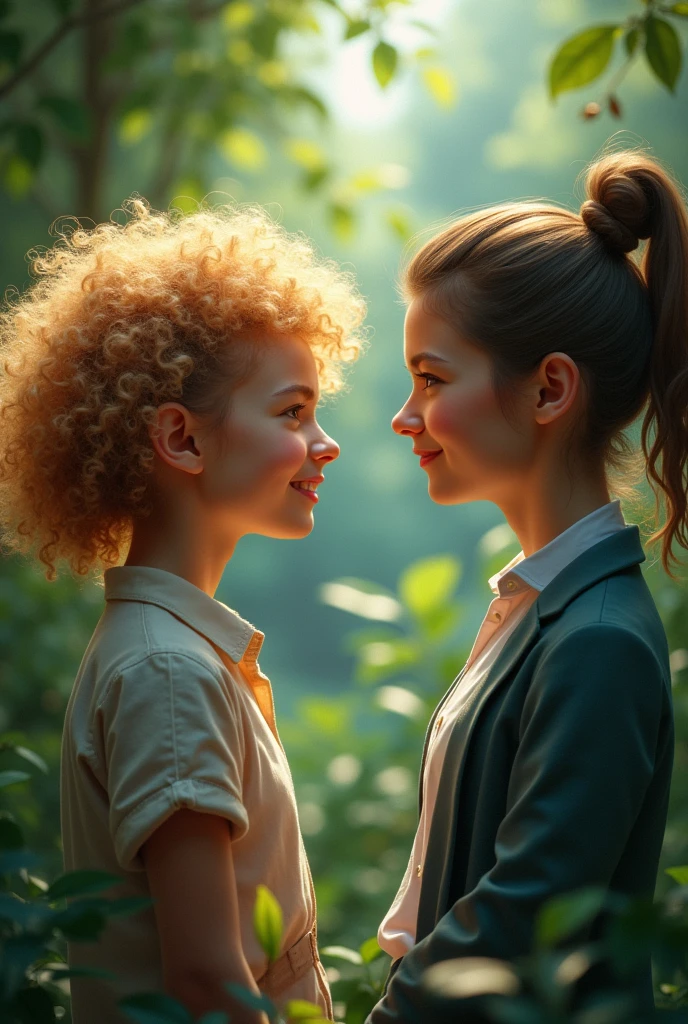 The cover of a book called Pô (ethics) with a curly blonde girl and a straight haired teacher on the side. The background is green and they are looking at each other. The slightly angry teacher and the passionate one