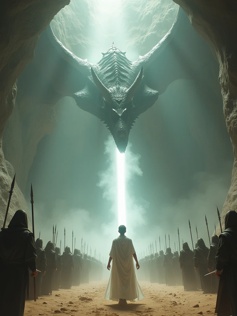 Create an epic fantasy scene set in a vast underground cave. The ceiling of the cave is illuminated with an eerie soft light that reveals a giant, fearsome fire-breathing dragon with long, evil wings and an ancient, twisted body descending from above. Below, in the cave's sandy landscape, a large army of soldiers in dark robes and armor stand ready for battle. At the forefront, a 20-year-old man in a flowing white robe floats above the ground, holding a glowing white staff that emits a bright magical light. Soldiers surround him as a defensive force, demonstrating unity in the fight against the terrifying fire-breathing dragon. The atmosphere is tense, full of suspense and the imminent clash between the forces of light and dark. Beautiful colors and soft earth tones, with the white light from the staff creating moving shadows and highlights. Natural light, 8k clarity.