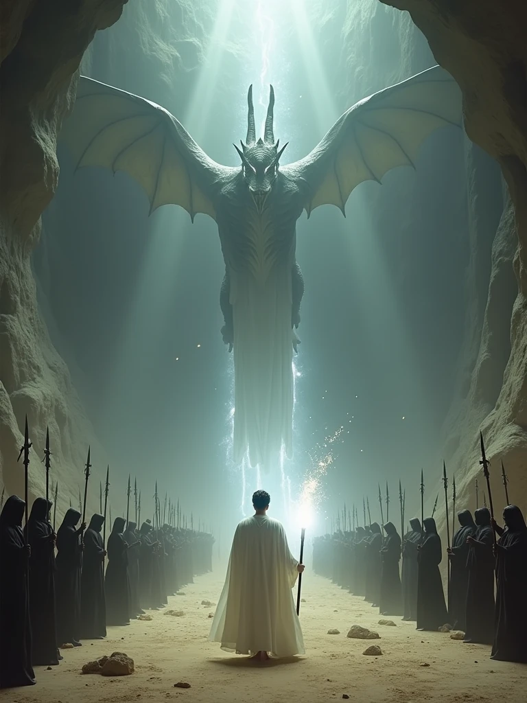 Create an epic fantasy scene set in a vast underground cave. The ceiling of the cave is illuminated with an eerie soft light that reveals a giant, fearsome fire-breathing dragon with long, evil wings and an ancient, twisted body descending from above. Below, in the cave's sandy landscape, a large army of soldiers in dark robes and armor stand ready for battle. At the forefront, a 20-year-old man in a flowing white robe floats above the ground, holding a glowing white staff that emits a bright magical light. Soldiers surround him as a defensive force, demonstrating unity in the fight against the terrifying fire-breathing dragon. The atmosphere is tense, full of suspense and the imminent clash between the forces of light and dark. Beautiful colors and soft earth tones, with the white light from the staff creating moving shadows and highlights. Natural light, 8k clarity.