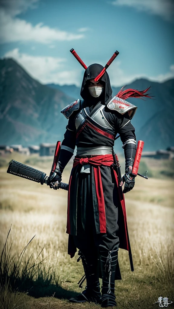 an evil samurai standing in the field with a rifle, cooling magic weapon, ghost in a sheath, evil sword, a ninja with a water wave katana, sharp Final Fantasy 14, awakened samurai, holding scythe, a robot, naginata-wielding ninja shadow Shinobi, wandering samurai man, playable cart, toad samurai, ta.white.Cyborg ninja.super mask with cybernetic suit.