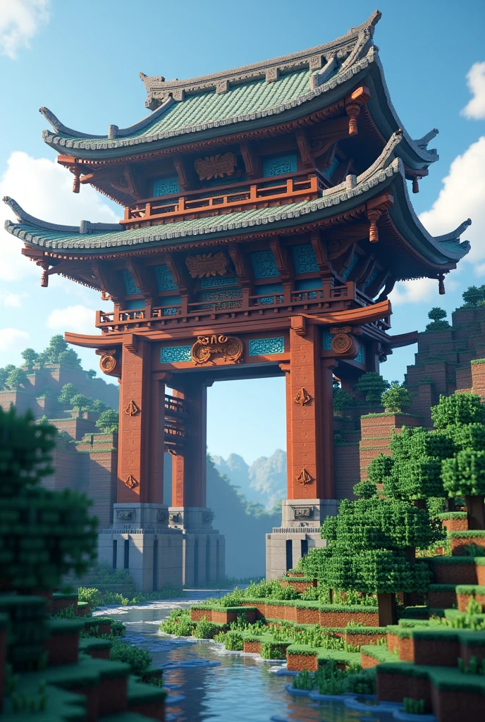Create a Japanese temple gate, using minecraft blocks, that is not realistic