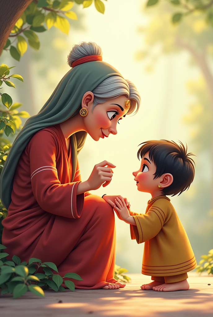 Design a logo for "Jyu Jaag Production" that encapsulates the essence of tradition and blessings. The logo should feature an elderly woman bestowing her blessings upon a child. The woman’s hand should be placed gently on the child’s head, symbolizing her blessings. Alternatively, depict the child respectfully touching the woman's feet, with her hand on his head in a gesture of blessing. The overall design should reflect a sense of warmth, reverence, and cultural heritage, aligning with the Pahadi music and cultural focus of the production house.