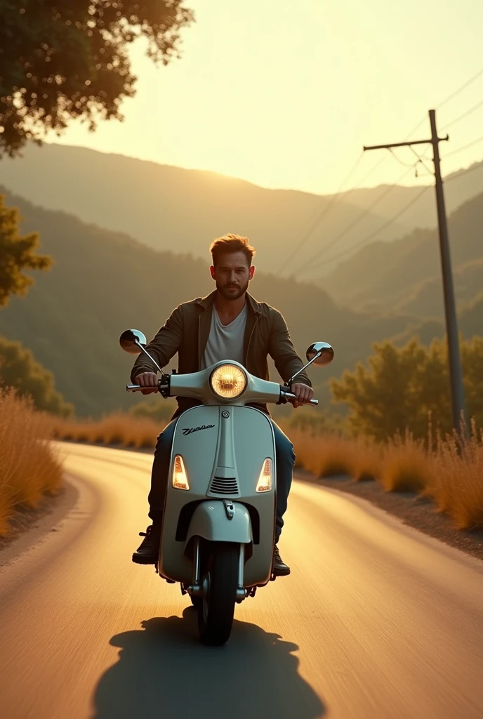 a man riding a vespa motorbike, afternoon sunlight, cinematic masterpiece, rich warm tones, dynamic pose, sense of freedom, slight motion blur, nostalgic mood, calm sky, long shadows, winding road, Italian countryside, highly detailed, golden hour lighting , realistic textures, intricate details, expressions of enjoyment, beautiful views, 4K, highly detailed, high resolution, photorealistic.