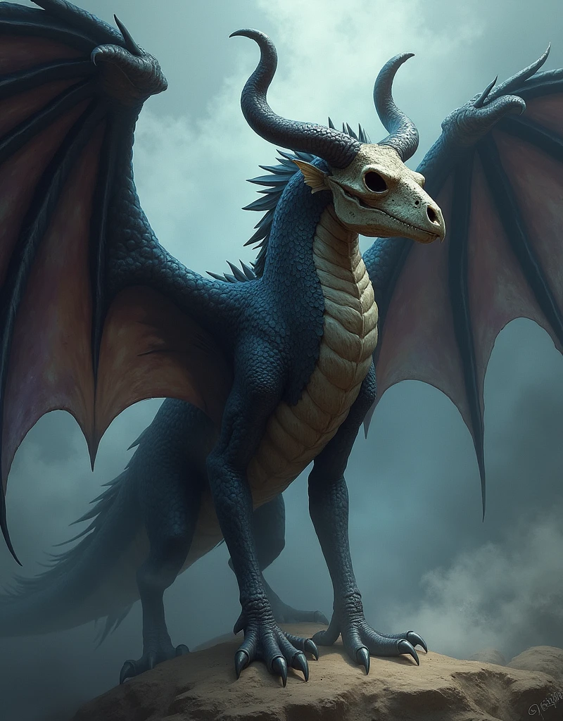 A dragon with raven wings and a bull skull for a head