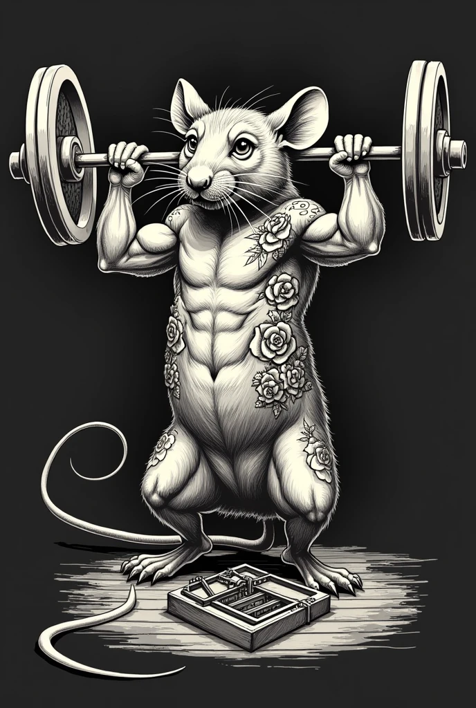 Rato estilo old school tattoo, sketch tattoo doing bench press with mousetrap