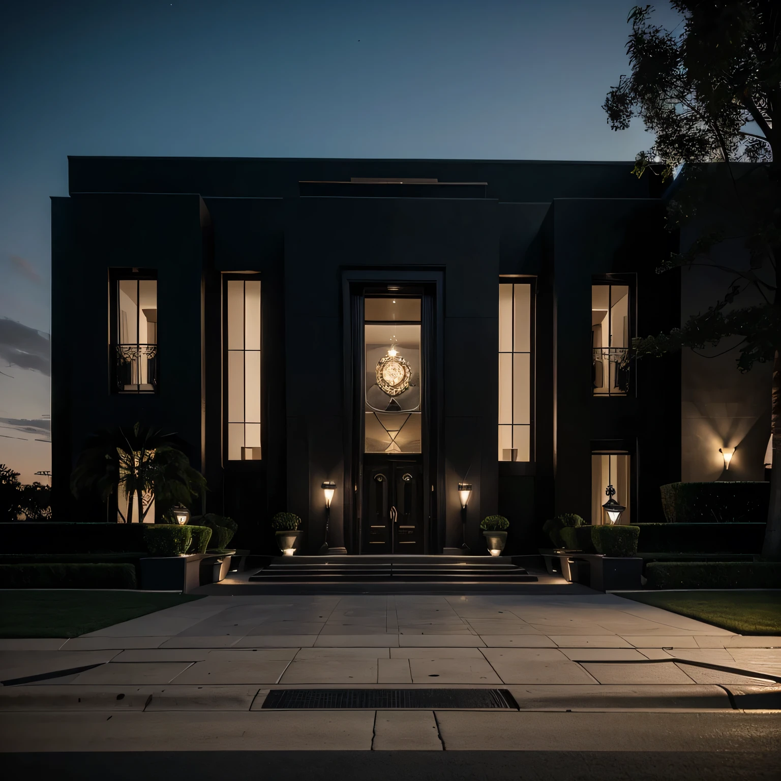 I want a house in black vanta with 6 windows, a large entrance with good ambient lighting in Beverly Hills, where the entrance has a John Cena fountain and with 2 Audi R8 2024 and 3 CAN AM and a Bugatti Tourbillon
