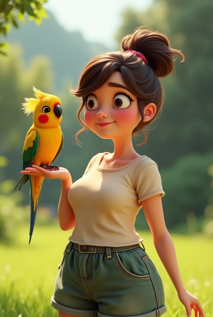 animation chubby 30 year old woman, pixar 3d model, with medium dark brown hair, round eyes, holding a cockatiel, in a grassy place