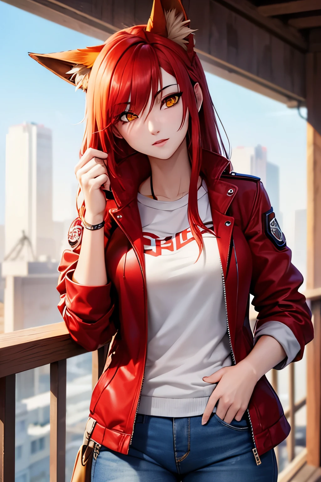 Beautiful Fox Female, White Skin, Red Hair, Yellow Eyes, Red Cyberpunk Jacket, Blue Jeans.