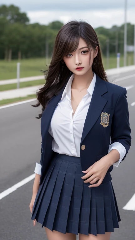 Highest quality, figure, Very detailed, In detail, High resolution, 8k wallpaper, Perfect dynamic composition, Beautiful attention to detail, Natural Lip,blazer ,Intricate school uniform, Cleavage, whole body,a short swaying skirt、Wind、