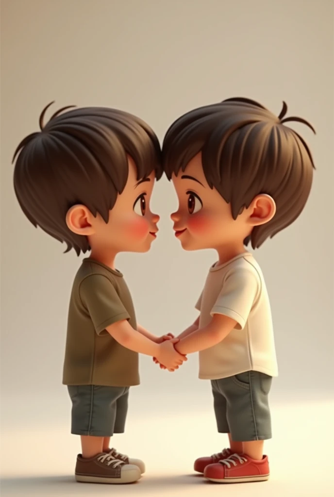 Knife two boys holding hands,a boy has slightly wavy brown hair with brown eyes and a mole on the right corner of his mouth, very minimalist and white skin, the other one has slightly dark brown hair, light brown eyes and a striking look and a striking smile too, and a mouth with slightly large lips and white skin too and with a 3D image with a human aspect and looking forward.
E com rostos brasileiros