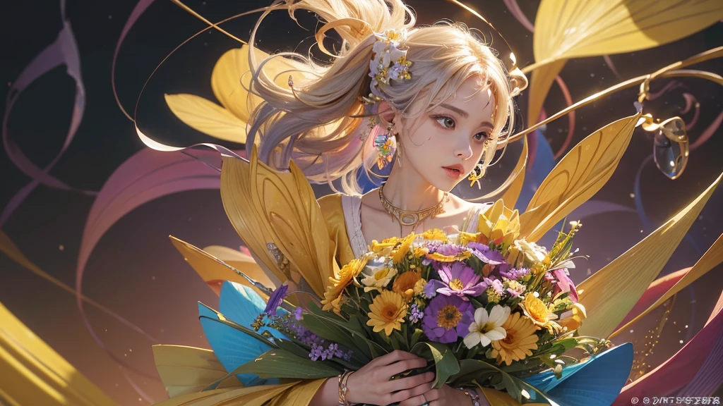32K, 最高quality, 最高masterpiece, (ultra-Detailed Background, Detailed Background), High resolution, Super detailed, Very detailedな, 1 personの, (bouquet:1.3), (Tangled:1.2), (Geometric:1.2),(colorful),(masterpiece, quality, best quality, Official Art, Beautiful and beautiful:1.2), (1 person:1.3), Very detailed,(colorful:1.1)(Flowers:1.3),Most detailed,(Tangled:1.2), whole body, (Abstract background:1.3), (Skin glows), (Many colors:1.4), ,(Earrings Jewelry:1.5), Pale yellow background, It's imaginative., Milk tea colored hair, Updo,