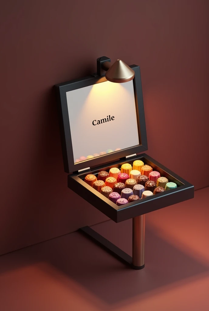 Create an image of a small table with a small board. I'll specify it better for you., I want the board to be 25 centimeters wide and 35 centimeters long. and I want the height to be 90 centimeters. I want the support or base that holds the board to be a single thin tube and go in the middle part.
The board has a lid that opens at 90 degrees and is a mirror with a simple black frame., On the mirror in the upper middle part there are some letters that say "Camile" and on the board there are 30 chocolates of different colors. Above the mirror there is a small lamp that lights up the chocolates.