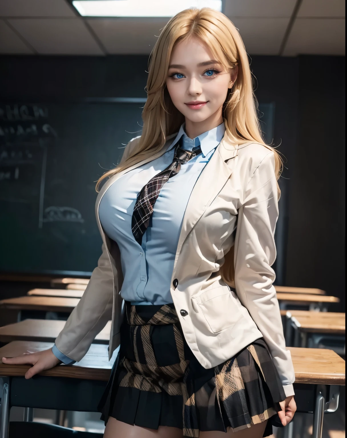 1girl, (Blue Eyes), (smiling), (big tits), (big ass), thin waist, thick thighs, toned legs, (Best Quality, 8k, Masterpiece), Clear Focus, Perfect Body Beauty, Highly detailed face and skin texture, detailed eyes, double eyelids, ((blonde long hair :1.2)), ((Blazer :1.2)), (Japanese school uniform :1.3), (plaid skirt :1.3), (tie), standing, dynamic pose, in a classroom, blackboard in the background