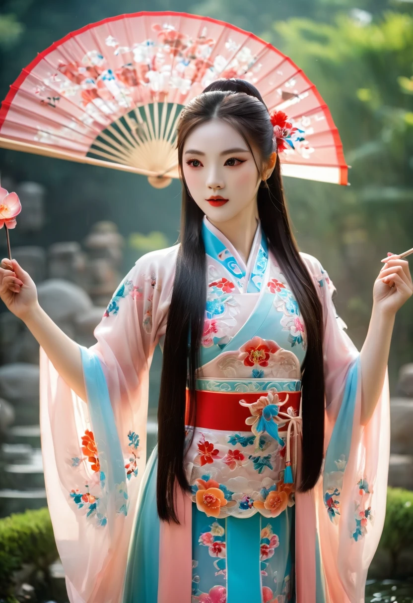 A Chinese girl in a bikini combined with traditional Peking Opera costume, performing Chinese opera, with light makeup, in a Chinese garden, holding a folding fan, shyly exploring the garden. Full-body shot."