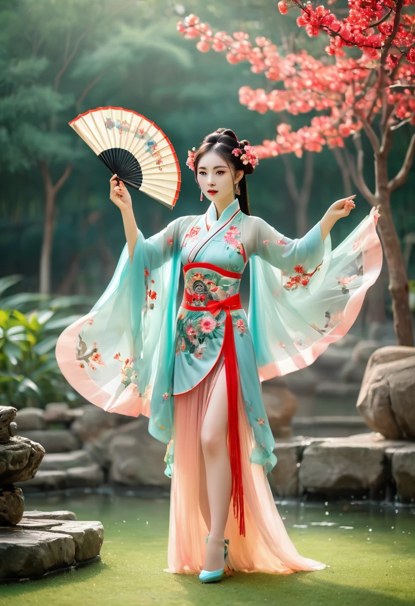 A Chinese girl in a bikini combined with traditional Peking Opera costume, performing Chinese opera, with light makeup, in a Chinese garden, holding a folding fan, shyly exploring the garden. Full-body shot."