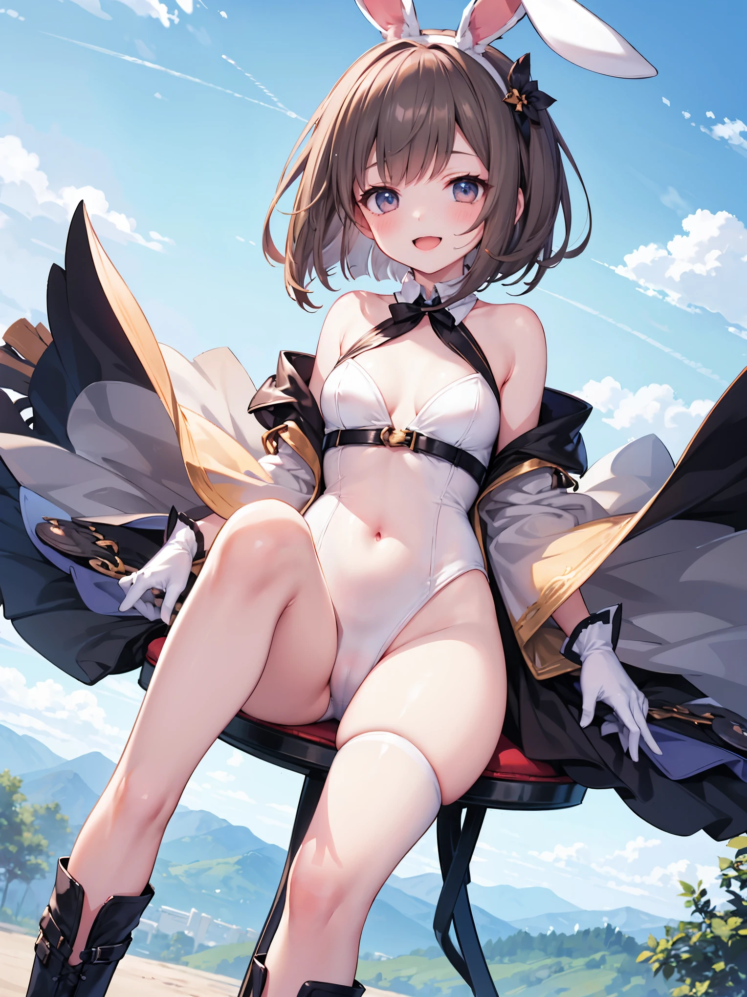 GRANBLUEfantasy,ung_teeirl,brown_hair,medium_bob_hair,platina_blond_hair,white_leotard,covered_crotch,thigh-highs,smile,standing,bluesky_landscape_background,slightly_spread_legs,happiness, short_gloves ,solo, r18, navel,relicbuster,short,boots,open_mouth,sitting,knees,blush,shy,bunny_ears