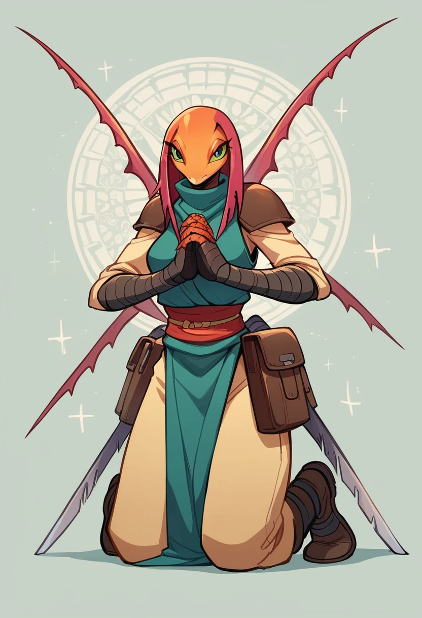 4k, 8k, human female, anthropomorphic, praying mantis, anthropomorphic praying mantis, ninja, praying mantis elements. Like a ninja. Both hands are weapons. Mantis scythes in both hands, compound eyes. Anime style
