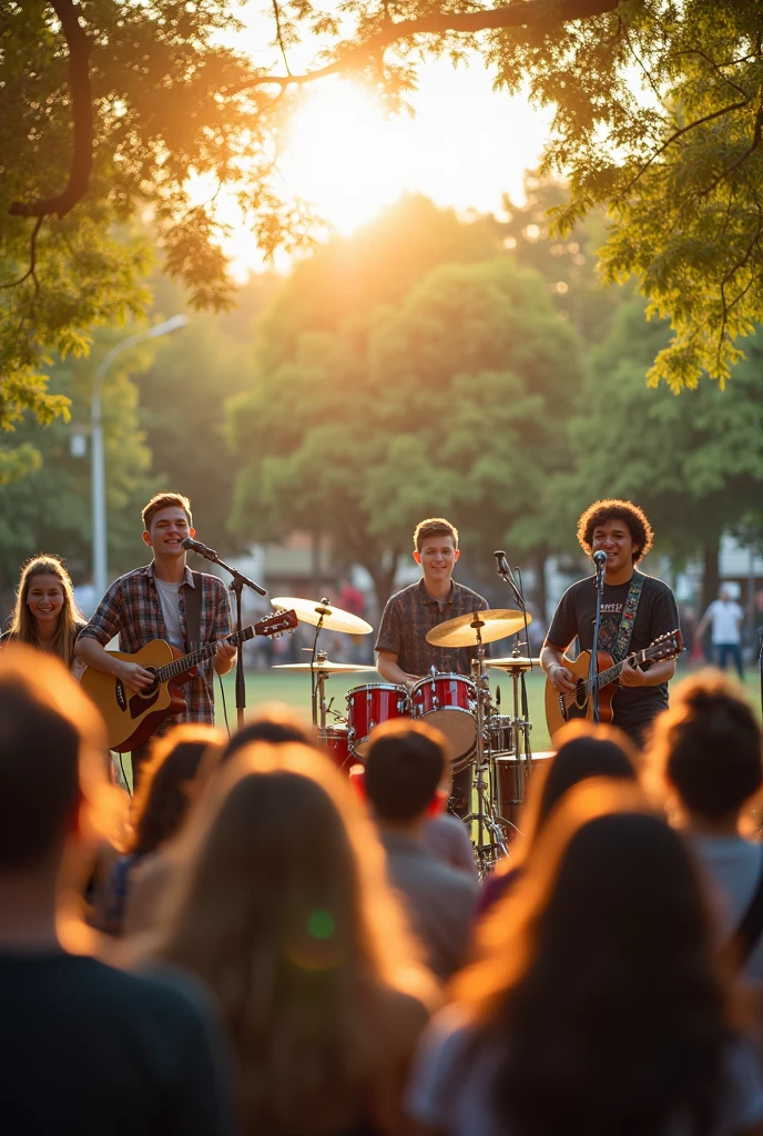 Photo from the audience Christian music group Various instruments Young musicians High image quality Outdoors At 11am In a park