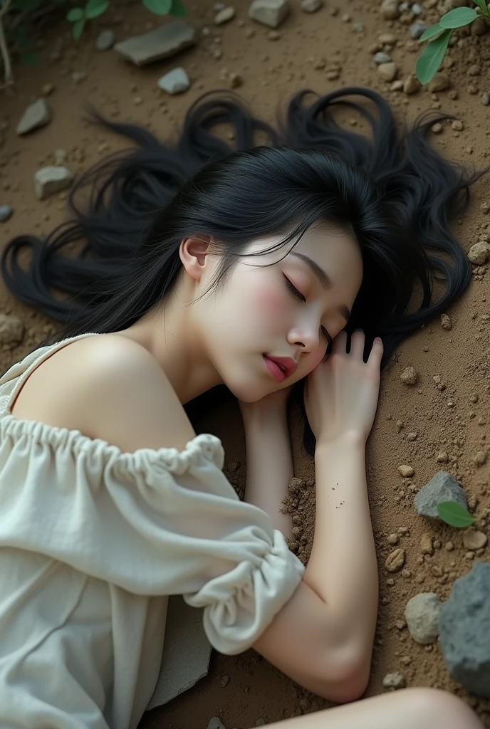 A beautiful korean girl sleeping on the flor outside, on dirt, realistic, full body, legs visible, hurt hr leg