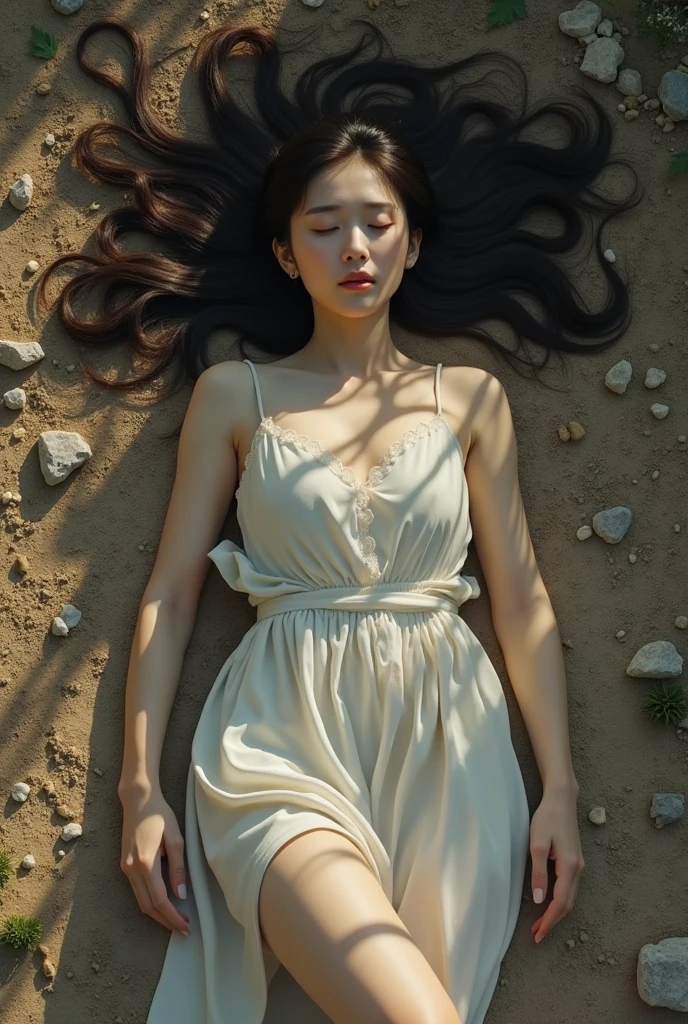 A beautiful korean girl sleeping on the flor outside, on dirt, realistic, full body, legs visible, hurt hr leg