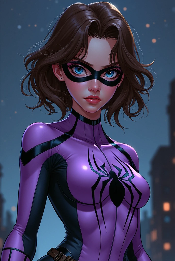 a girl with brown hair and blue eyes. her hair is a tomboy and she has big eyelashes. she has a lilac spiderman outfit, but only with a mask over her eyes, and she is over 20 years old and has a more serious and sober appearance.It's night and she has black and white details on her clothes. she gives off a seductive air. (add lots of details) . MARVEL 1980 comics style 2D