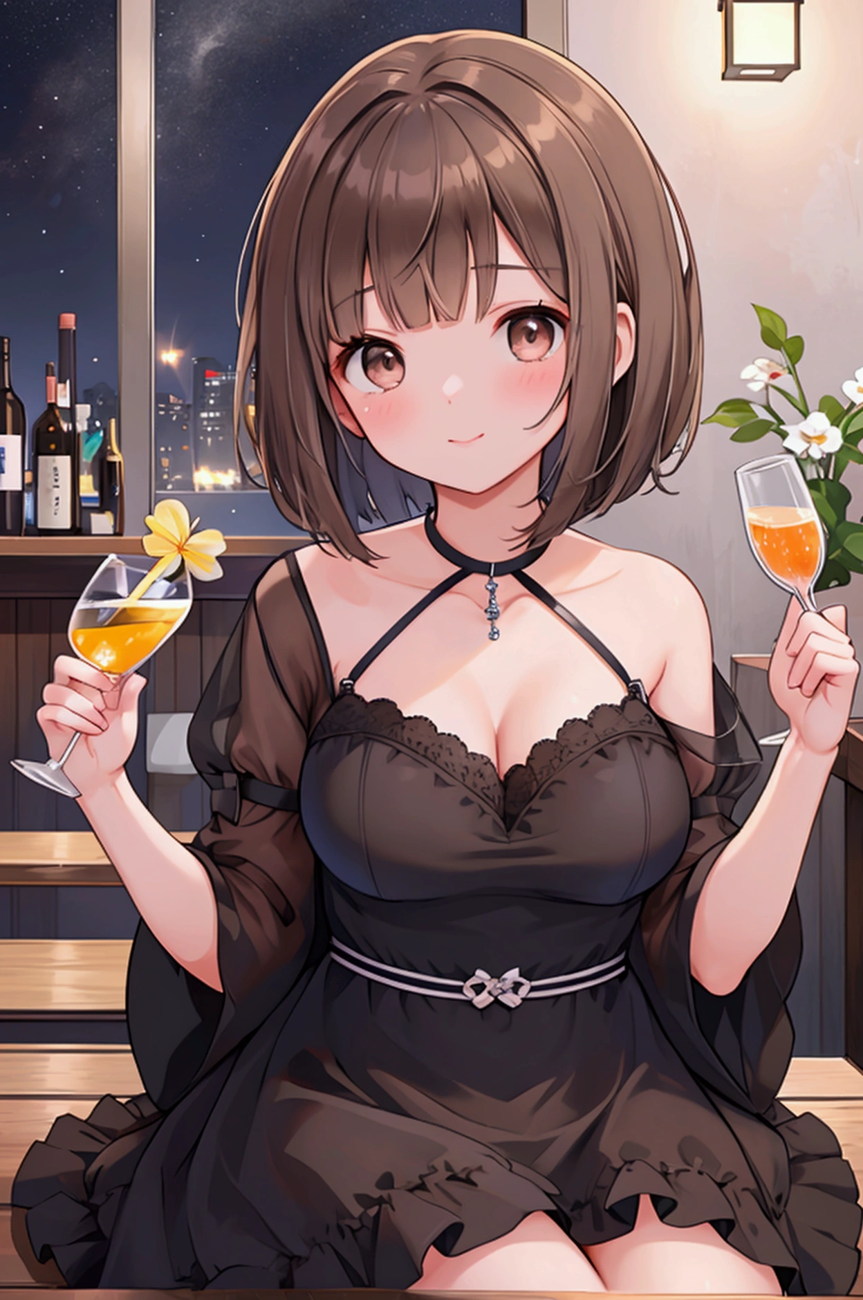 Photorealistic、Highest quality、Highest Resolution、Highest quality、16K、1 beautiful adult woman、Cute face、Delicate face、Bob cut hair、Ash brown hair color、Brown eyes、Delicate eyes、Beautiful Eyes、Beautiful breasts、Big Breasts、Black casual dress、night、dinner、bar、sake、cheers、