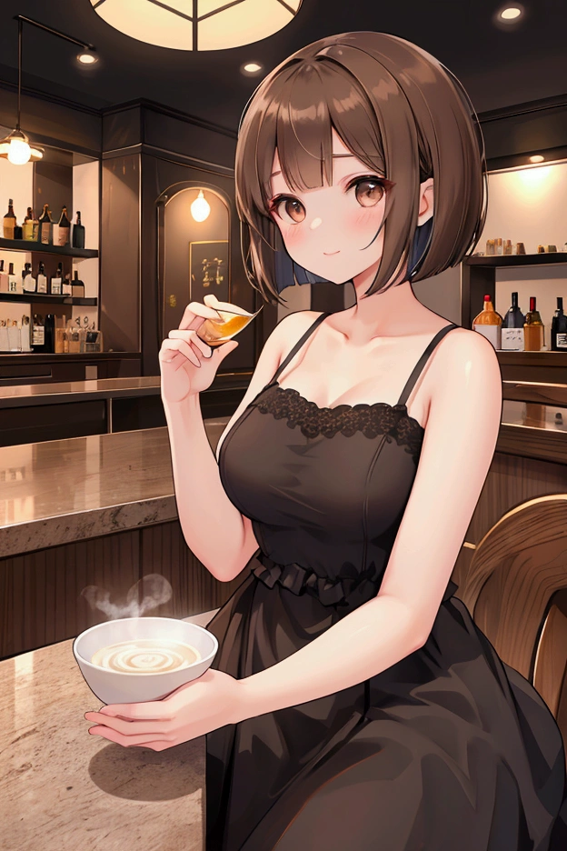 Photorealistic、Highest quality、Highest Resolution、Highest quality、16K、1 beautiful adult woman、Cute face、Delicate face、Bob cut hair、Ash brown hair color、Brown eyes、Delicate eyes、Beautiful Eyes、Beautiful breasts、Big Breasts、Black casual dress、night、dinner、bar、sake、cheers、