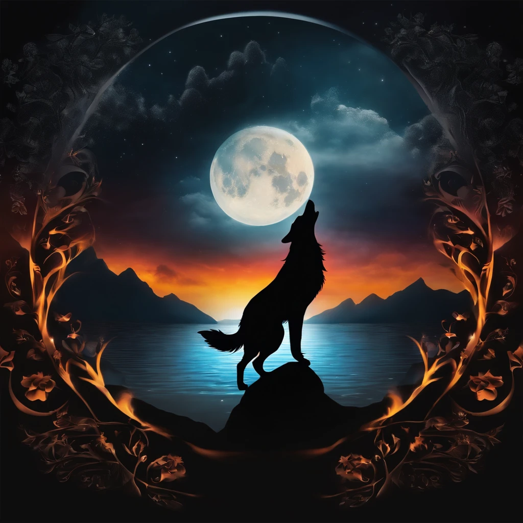 heart shaped yin and yang symbol, the black side replaced by water and the white side replaced by fire, all placed in front of a full moon with a howling wolf in the background