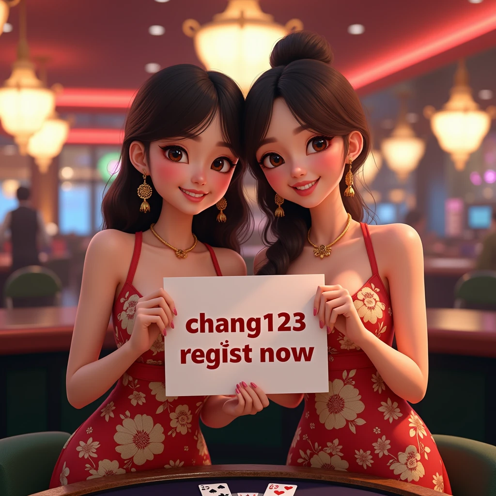 upper body, beautiful two thailand woman holding up a sign "CHANG123 REGIST NOW", joyful, happy, casino background, wearing thailand traditional dress, RealCartoon pixar, medium breast cleavage, Standing behind poker table,