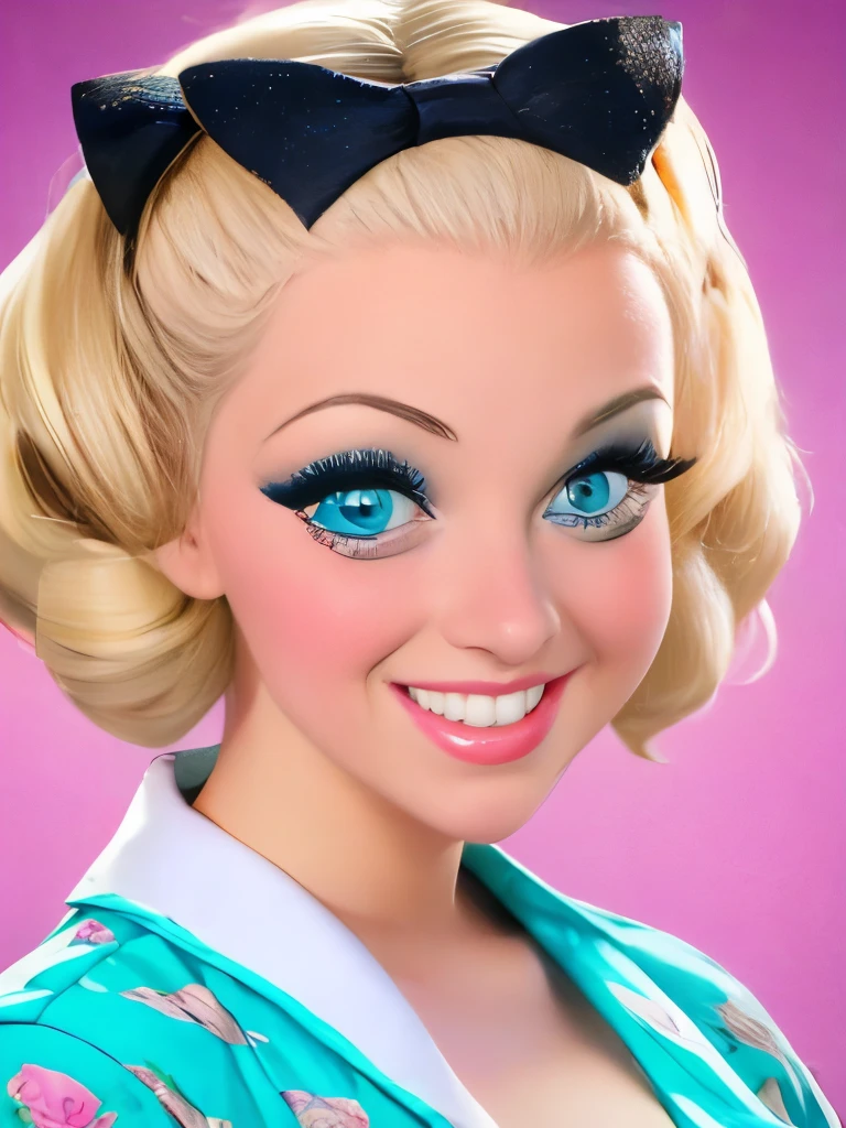 blonde woman with curlers in her hair looking at camera, a pastel inspired by Evaline Ness, tumblr, pop art, rockabilly hair, retro and ethereal, up face with 1 9 2 0 s hairstyle, rockabilly style, retro 5 0 s style, rockabilly, pin up, dark pin-up style hair, 1950s vibes, vintage makeup