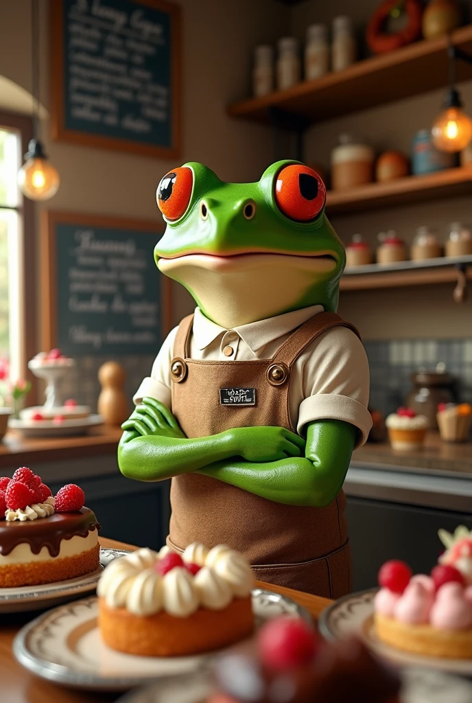 Retro Images，Storytelling，Tree frog，Ultra-realistic，high resolution，The frog is a cake shop owner，There are a lot of cakes in the showcase