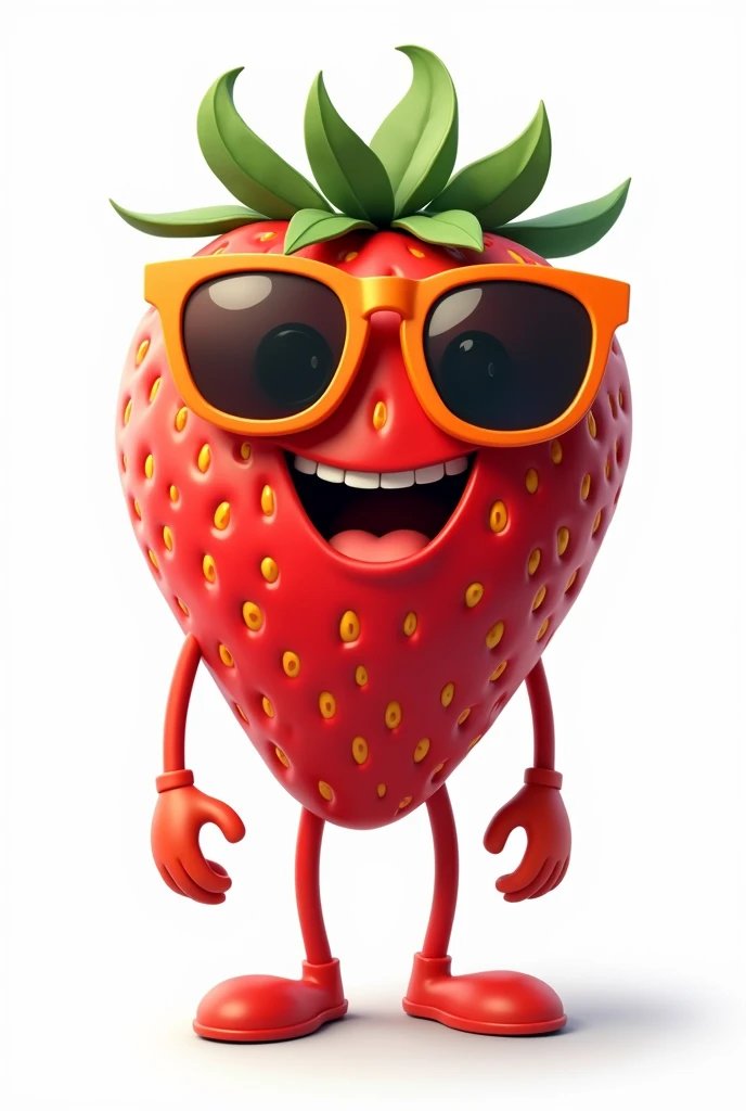 Animated strawberry with big sunglasses for men, orange cycling glasses, the strawberry that has arm lines and on a white background
