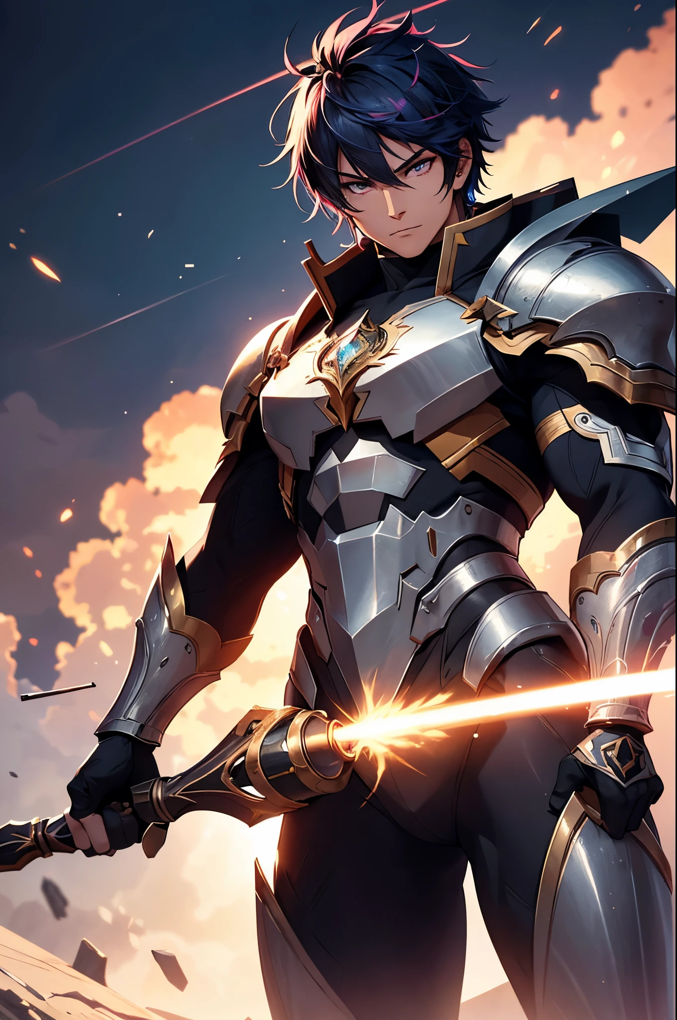 a male warrior with glowing eyes, large weapon, tall stature, muscular physique, asymmetrical bangs, visible abs, rainbow-colored hair, laughing、wearing complex armor, surrounded by twilight, diamond shards, black particles, cinematic lighting, ray tracing, shading, eternal aura-like quality, masterpiece, highest quality, extremely detailed, sharp focus, extremely detailed face, extremely detailed eyes, sparkling eyes:1.2, long eyelashes