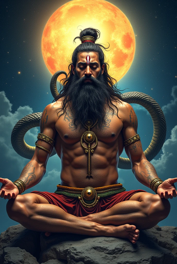 Long hair and tie in top of head long beard masculine man having third eye in his forehead meditating in the universes and having a background of sun amd moon . A image of powerful yoga practitioner having divine power and enlightenment knowledge giving man more fiber muscle and veins in body . Real third eye .  Mobile phone wallpaper . Having big veins add 3 line of shiva add snakes in protecting head by cobras 5 head thin body but very muscle fibers veins . Snakes cover his head . Enlightenment half devil evil body  add trishul 