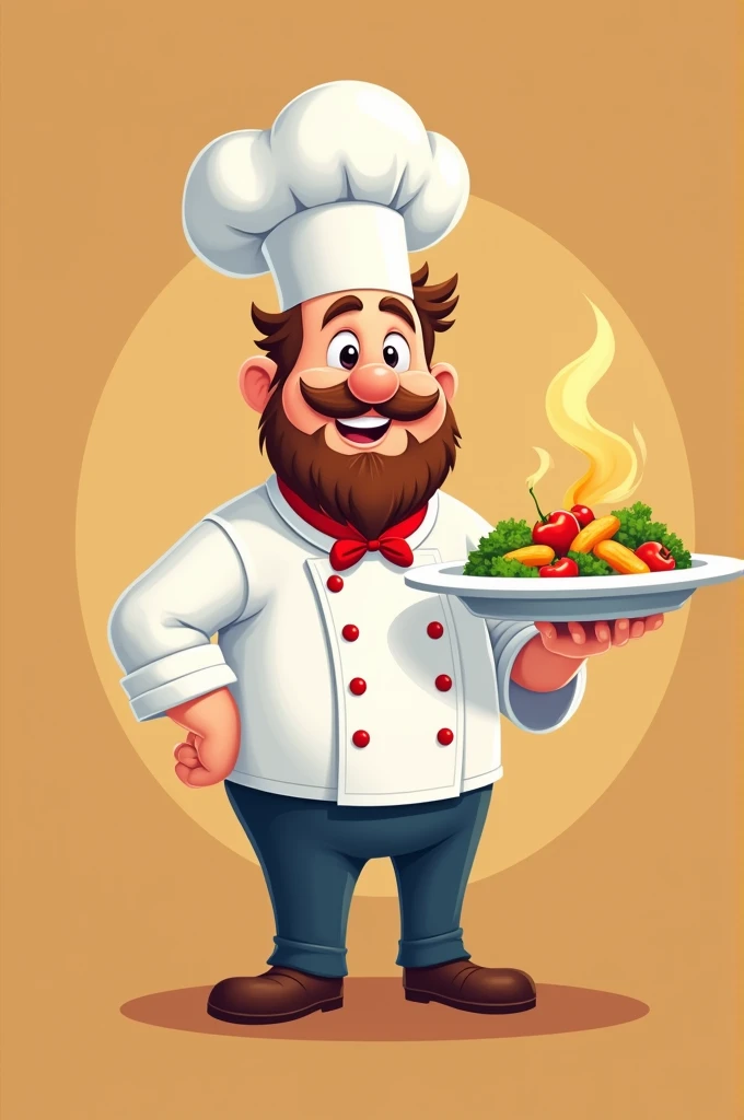 A cartoon chief with a dish, the background 
Is depending the chef dress, and bottom of the picture i want "friends catering service"
