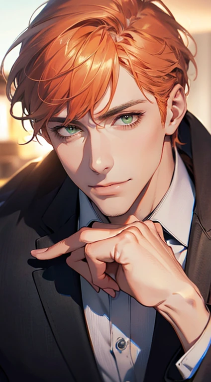 (Highest quality,4K,8K,High resolution,masterpiece:1.2),Super detailed,(Realistic,photoRealistic,photo-Realistic:1.37),1 personld,Mature Men,Beautiful skin、very handsome,Expressionless smile in love,Short orange hair,green eyes,Sharp Eyes,A perfect face without a doubt,Businessman, CEO, Office Background,Cinema Lighting,HDR image,tie、